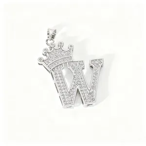 Silver crown letter W pendant necklace, fashion copper micro pave cubic zirconia jewelry.
