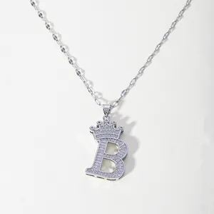 Silver Tone Cubic Zirconia Crown Letter B Pendant Necklace for Women Fashion Daily Wear