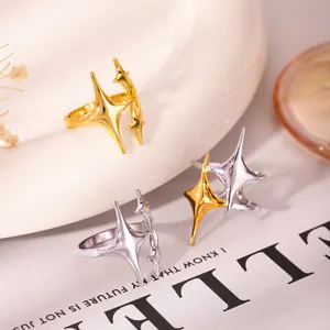 Minimalist Stainless Steel Star Adjustable Open Ring For Women Geometric Dainty Finger Jewelry Gold Silver Accessory