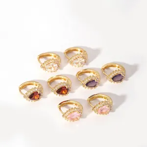 Set of four 18K gold plated stainless steel hoop earrings with colorful pear cut crystals