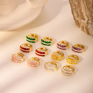 18K gold plated stainless steel hoop earrings set with colorful square-cut gemstones