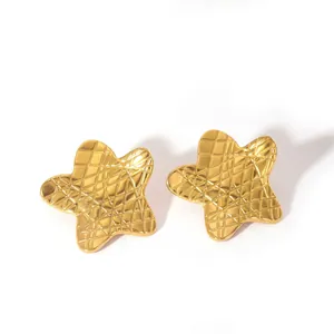 Nahaufnahme der goldenen sternförmigen Ohrstecker mit Kreuzschraffur-Textur auf Weiß