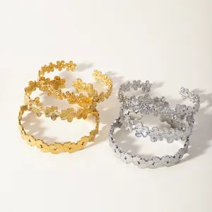 18k gold and silver plated stainless steel open cuff bracelets with floral leaf patterns