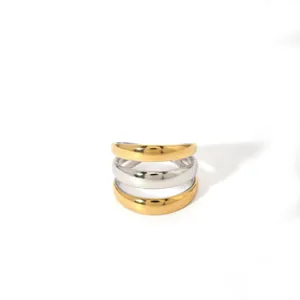 Three-layer geometric open ring in gold and silver finish with polished stainless steel band