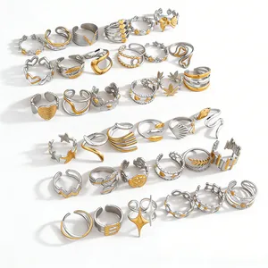 Collection of mixed gold and silver geometric adjustable open rings in various styles