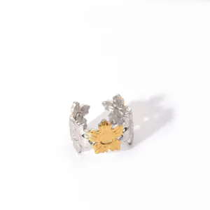 Detail of adjustable stainless steel flower ring with unique two-tone embossed metal finish