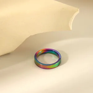 Close-up of a 4mm minimalist rainbow stainless steel band ring on a textured stone