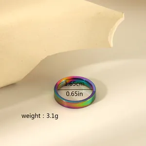 Detailed view of rainbow stainless steel ring with 1.65cm inner diameter and 3.1g weight