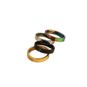 Minimalist 4mm stainless steel ring set in rainbow, silver, black, and gold finishes
