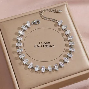 Irregular square zircon silver bracelet with adjustable 17+5cm extension chain