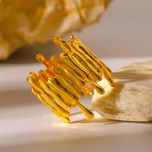 Vintage Lava Molten Gold Plated Stainless Steel Ring For Women Irregular Adjustable Open Finger Ring Minimalist Jewelry