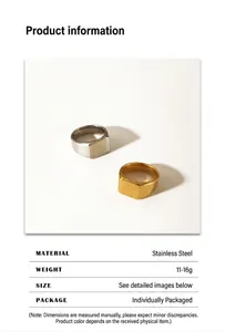 Detailed specs of gold and silver stainless steel signet rings weighing 11-16g per piece