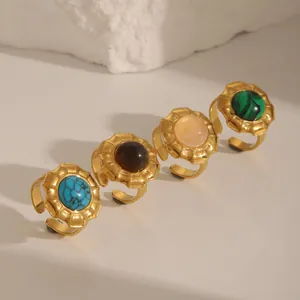 Vintage Stainless Steel Natural Stone Open Ring For Women Gold Plated Adjustable Tiger Eye Rose Quartz Turquoise Malachite Jewelry