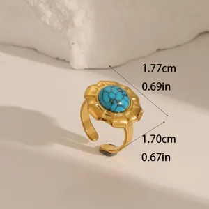 Retro stainless steel gold ring with blue natural stone and size measurements