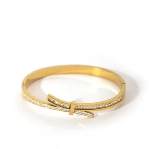 Minimalist gold-plated ribbon cuff bracelet with double-row micro-set zircon stones