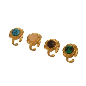 Retro sunflower stainless steel rings set with natural stone inlays for women