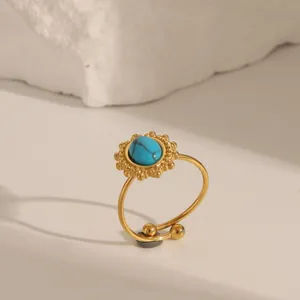 Bague vintage en acier inoxydable doré avec pierre turquoise bleue ronde pour femme