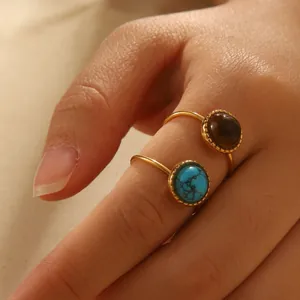 Vintage Stainless Steel Round Natural Stone Inlaid Adjustable Open Ring Gold Plated Fashion Jewelry For Women Gift