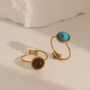 Bohemian gold stainless steel adjustable rings with turquoise and brown natural stone inlays