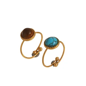 Vintage stainless steel rings with round natural tiger eye and turquoise stone in gold finish