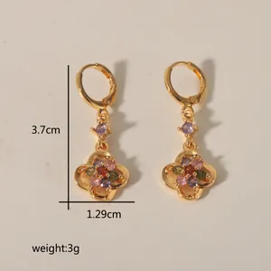Gold hollow floral drop earrings with colorful gemstones and 3.7cm length measurement