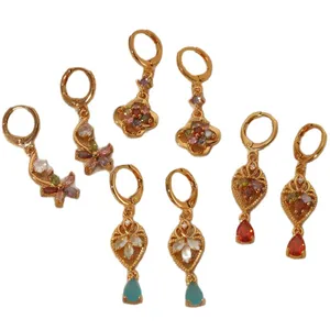 Set of four gold stainless steel drop earrings featuring colorful zircon floral and teardrops
