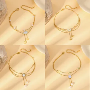 Bracelet de cheville double couche en acier doré 18 carats avec trèfle et perles