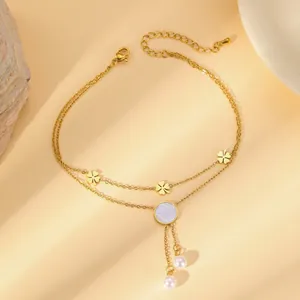Bracelet de cheville double couche en acier doré 18K avec trèfles et perles nacrées