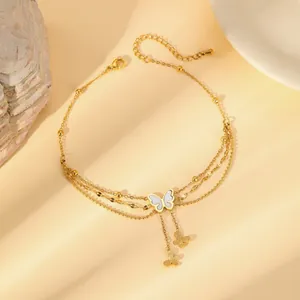 Bracelet de cheville papillon à trois couches plaqué or 18 carats avec nacre blanche