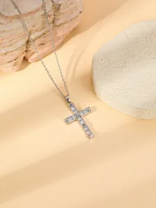 Stainless steel cubic zirconia cross pendant necklace for women, elegant fashion jewelry.
