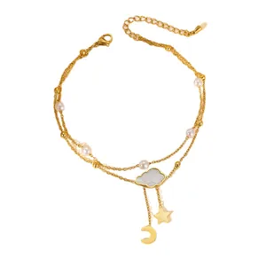 Bracelet de cheville double couche doré 18K avec perles et breloques étoile lune