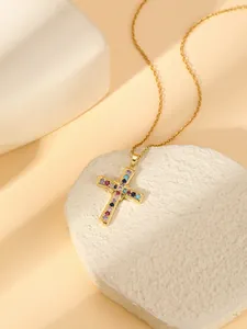 Gold-plated stainless steel cross necklace for women, colorful stone inlaid minimalist fashion.