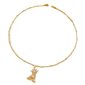 Gold plated crown letter A necklace with sparkling crystal pave for trendy women style