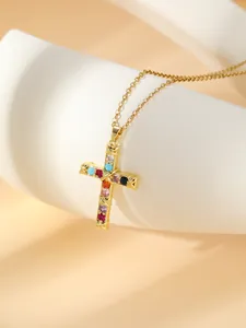 Stainless steel gold plated cross necklace for women with colorful gemstones jewelry fashion.