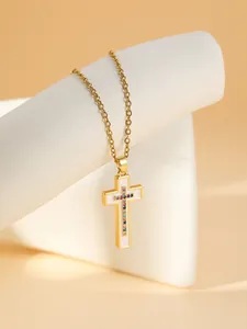 Gold stainless steel cross necklace with colorful diamond inlay for women, luxury jewelry.