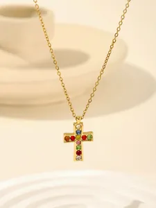 Gold stainless steel multi-color rhinestone cross pendant necklace for women fashion jewelry