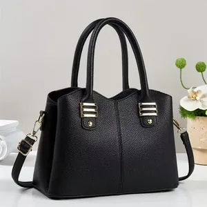 Women Fashion PU Leather Handbag Litchi Texture Top Handle Bag Retro Gold Hardware Crossbody Shoulder Bag For Daily Work