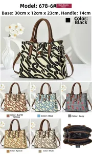 Detail view of printed canvas tote bags in six colors with interior layout and dimensions