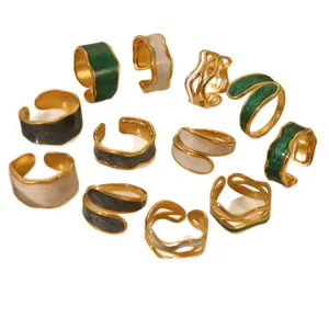 Retro gold stainless steel enamel rings in green white and grey irregular wave designs