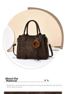 Détail du sac cabas marron foncé en similicuir texturé avec breloque pompon en fourrure