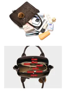 Vue détaillée de l'intérieur d'un sac cabas marron avec 8 compartiments et grande capacité