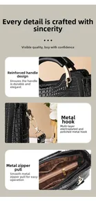 Close-up of crocodile pattern leather bag featuring reinforced handle and gold hardware