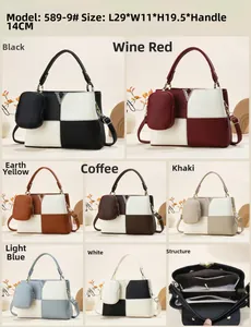 Detail view of contrast color faux leather tote set with dimensions and color variations