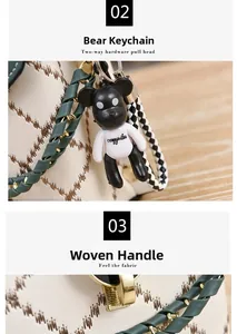 Détail de la poignée tressée verte avec fermoir doré et pendentif ours sur le mini sac
