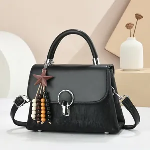 Vintage Women PU Leather Flap Handbag Retro Splicing Small Square Crossbody Bag With Star Wooden Bead Tassel Charm Daily Bag