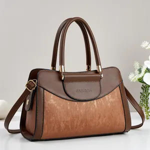 Elegant brown patchwork tote bag with vertical texture and Fashion embossing detail