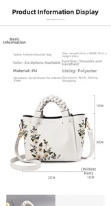 Detail view of white PU bag featuring exquisite floral embroidery and dimensions