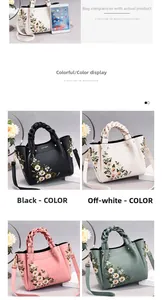 Detail showing embroidered PU handbags in four colors and woven twist handle design