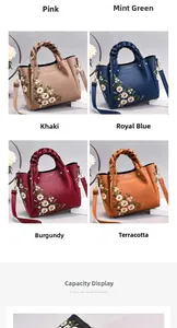 Collage of embroidered handbags in pink, blue, burgundy, and yellow with woven handles