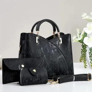Ensemble de 3 sacs à main noirs pour femmes avec texture gaufrée et détails dorés chic